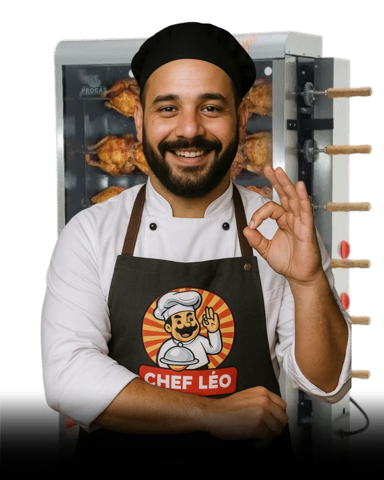Chef Léo em frente a uma assadeira de frangos