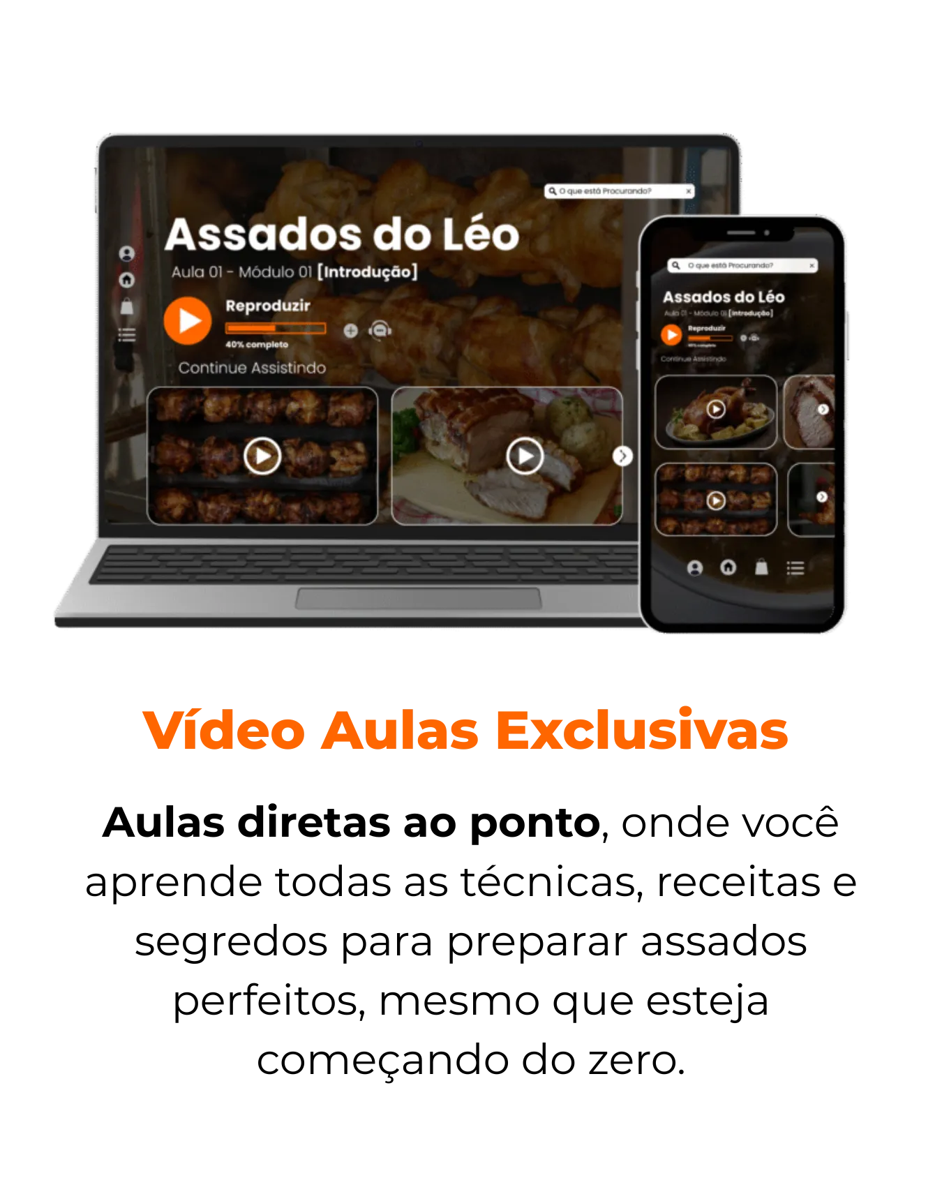 Área de aulas de Assados do Léo em notebook e celular